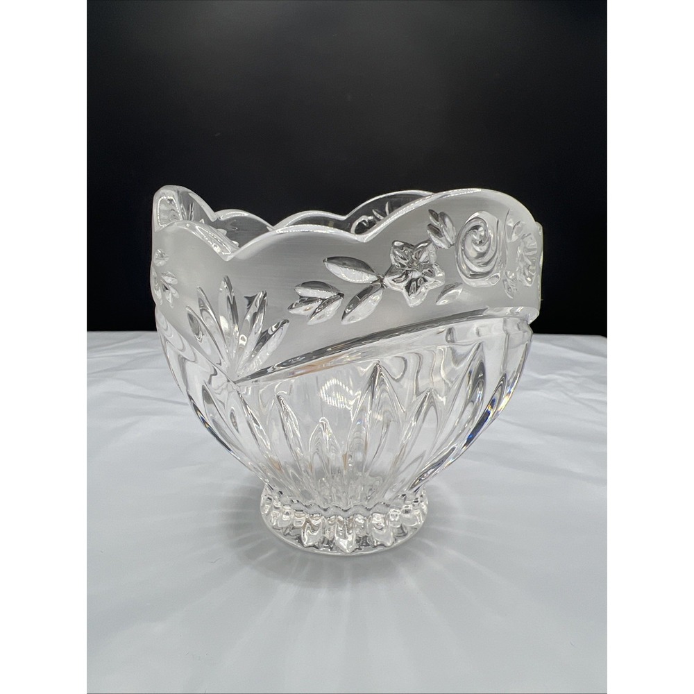 Vintage Pressed Glass Bowl Frosted Rose Floral Scalloped Rim Candy Dish 3.75"